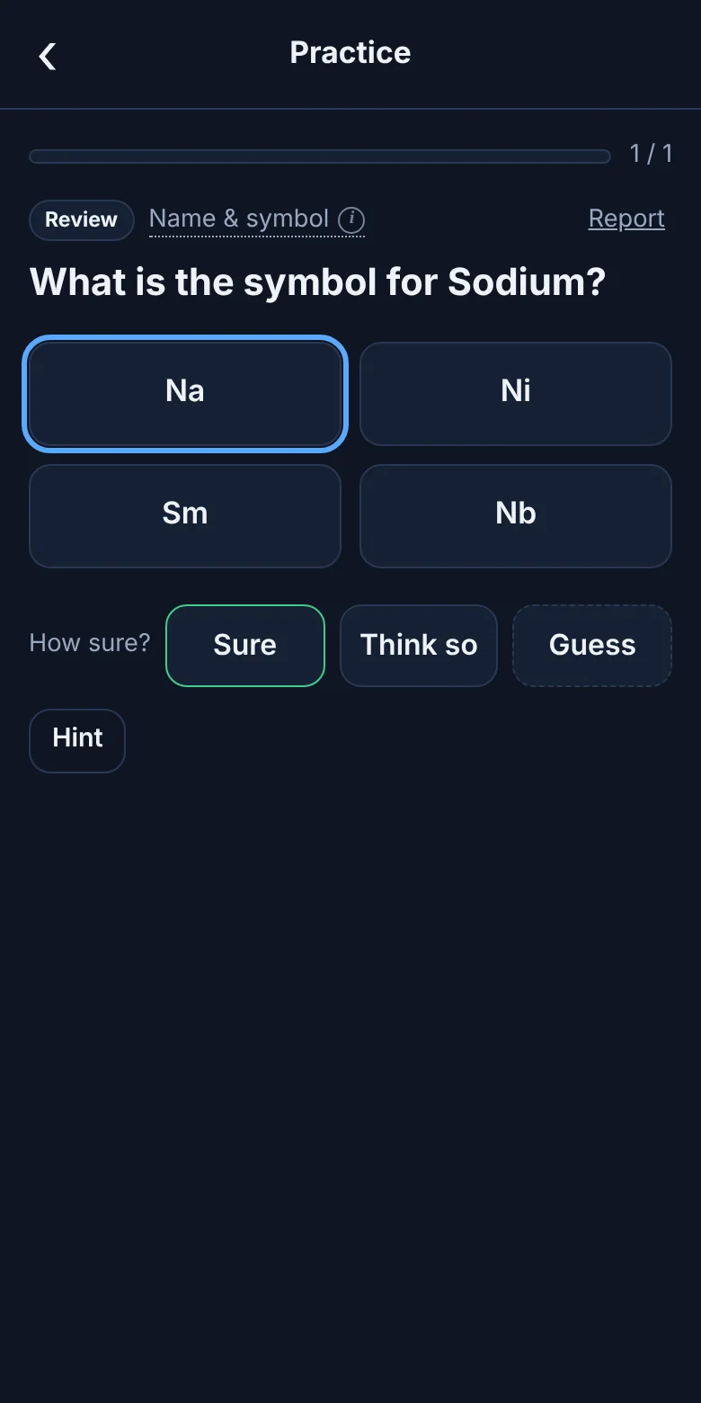 A practice question with the Sure, Think so and Guess buttons